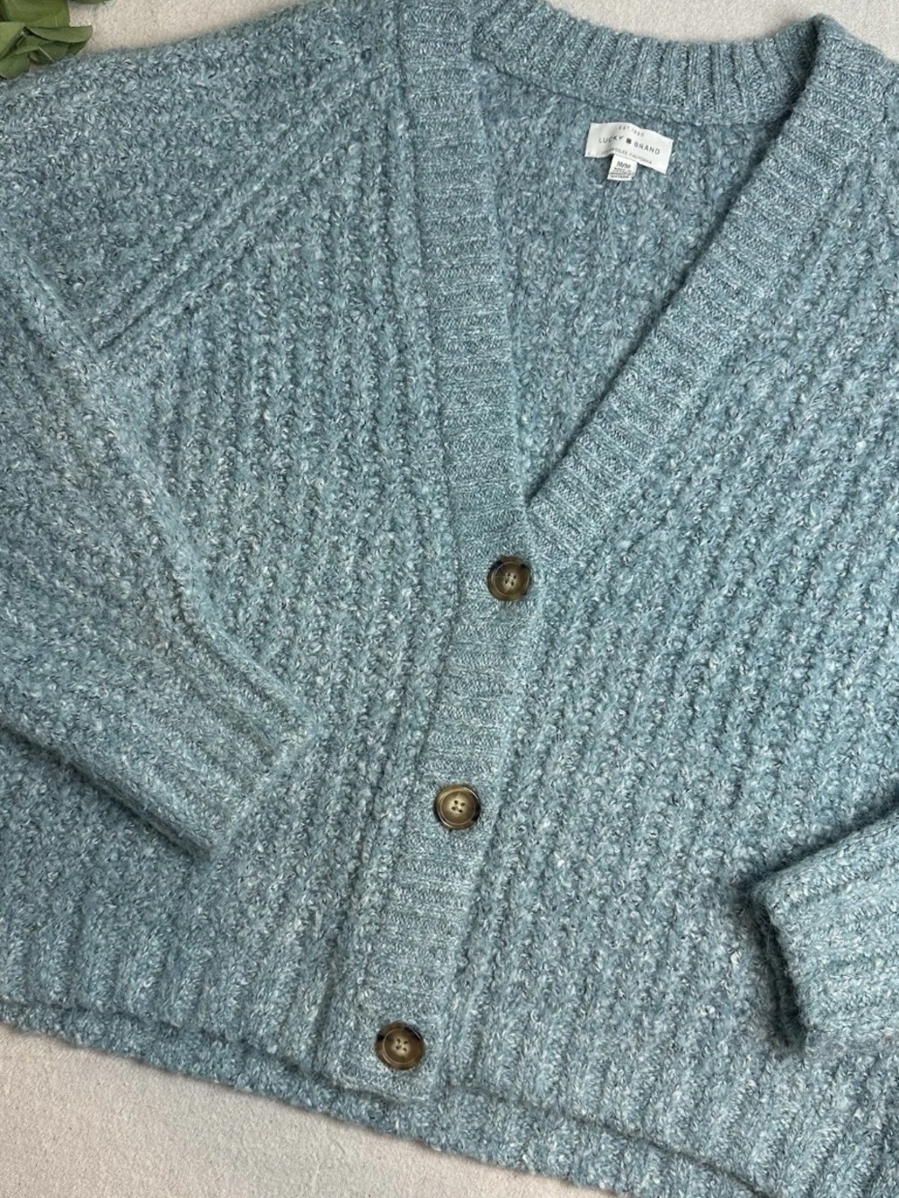 Lucky Brand Wool Blend Cardigan V-Neck Aqua Blue Oversize Chunky Knit
